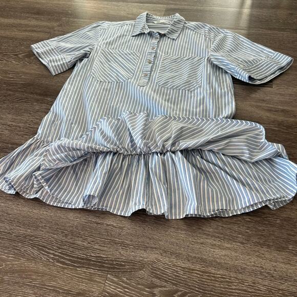 EUC Zara Blue White Striped Mini Shirtdress Size M Ruffle Hem Cotton Poplin - Picture 11 of 16